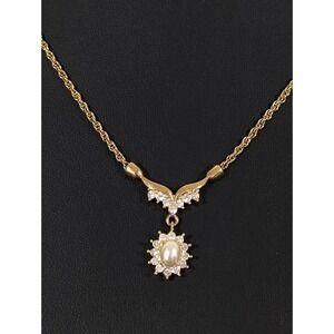 Vintage Roman Faux Pearl Rhinestone Halo Y Drop Gold Tone Necklace Elegant 18.5"